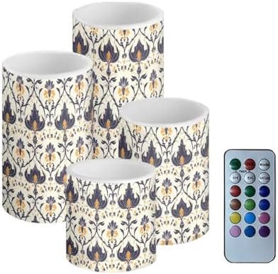 Set of 4 Flameless Candles Bulk with Timer Damask Pattern White LED Candles with Remote Color Changing for Outdoor Porch Battery Operated Electric Fake Plastic Pillar Lights by Merkmak