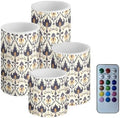 Set of 4 Flameless Candles Bulk with Timer Damask Pattern White LED Candles with Remote Color Changing for Outdoor Porch Battery Operated Electric Fake Plastic Pillar Lights by Merkmak