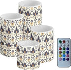 Set of 4 Flameless Candles Bulk with Timer Damask Pattern White LED Candles with Remote Color Changing for Outdoor Porch Battery Operated Electric Fake Plastic Pillar Lights by Merkmak