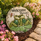 Comfy Hour Frog Stepping Stone for Garden, 10 Inch Concrete Welcome Friends Decorative Plaque, Green and Grey Outdoor Garden Path Stone with Lily Pad and Dragonfly Accent - Image 5