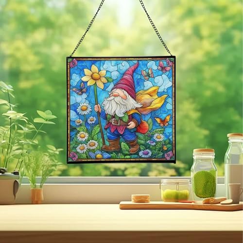 Spring Parade Gnome Stained Glass Suncatcher – Square Hanging Window Panel for Home or Greenhouse – Whimsical Glass Art Gift for Garden Lovers, Christmas, Halloween, Father Days fFF7J7 - Image 2