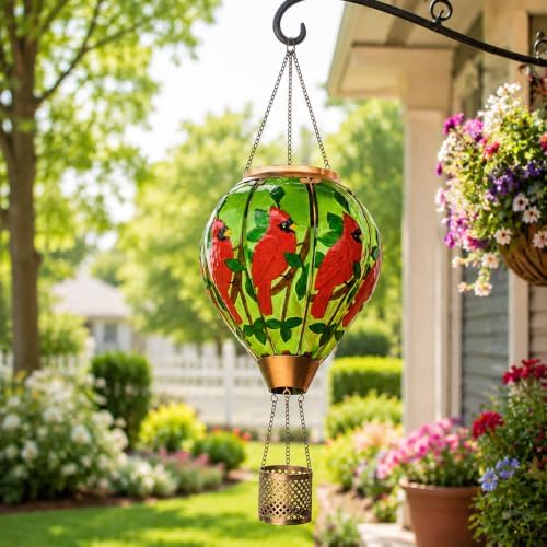 Cardinal Solar Lantern, Glass Hot Air Balloon Light with Flickering Flame - Image 2