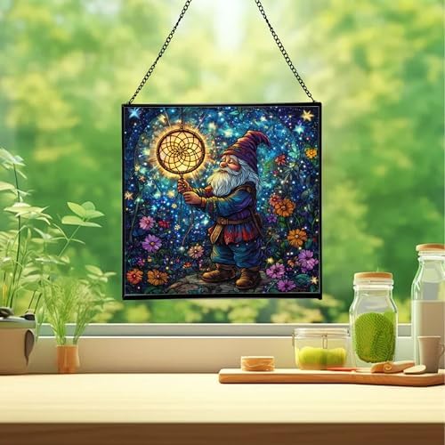 Gnome with Dreamcatcher Stained Glass Suncatcher – Square Hanging Window Panel for Home or Greenhouse – Whimsical Glass Art Gift for Garden Lovers, Christmas, Halloween, Father Days 8jzg1a - Image 2