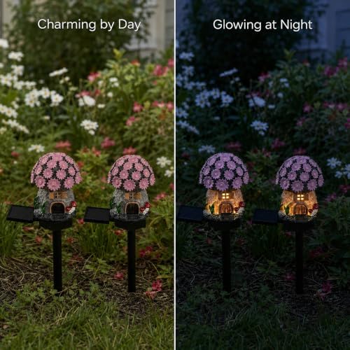 Solar Pink Floral Cottage Lights Outdoor, 2 Pack Waterproof Fairy Garden Pathway Lights, Hand-Painted Resin Flower House Decor for Yard Lawn Patio, Gift for Garden Lovers - Image 3