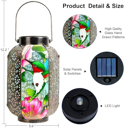 Hummingbird Solar Lantern Outdoor Hanging Lights – Waterproof Metal Garden Decor with Stained Glass, LED Solar Decorative Lamp for Patio, Yard, Porch, Pathway, Gardening Gifts for Mom, Grandma, Women - Image 3