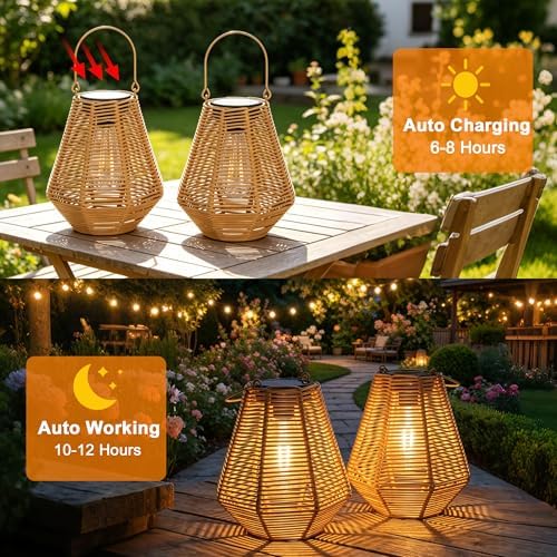 pearlstar Solar Lanterns Outdoor Waterproof Rattan Hanging or Table Lights - Image 3