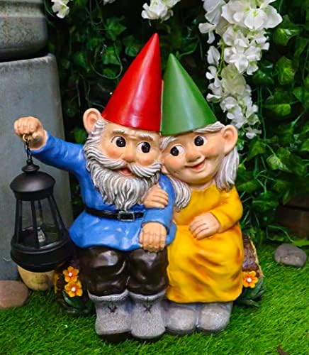 Ebros Large Grow Old with Me Mr and Mrs Gnome On Tree Log Holding Out Solar LED Lantern Light Statue 13.5" Tall for Patio Garden Lawn Home Decor Whimsical Gnomes Figurine - Image 2