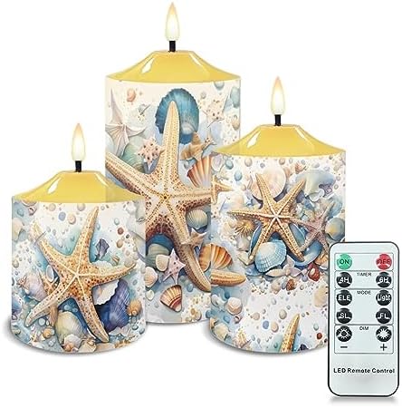 Cozeyat Flameless LED Candles Battery Operated, Summer Starfish Beach Scenery Design 4/6H Timers Flickering Realistic Pillar Tealights Set of 3, Waterproof Candles Home Decor by Cozeyat