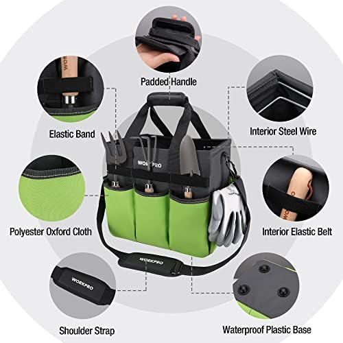 WORKPRO Garden Tool Bag, 10 Pockets and Shoulder Strap, Green - Image 3