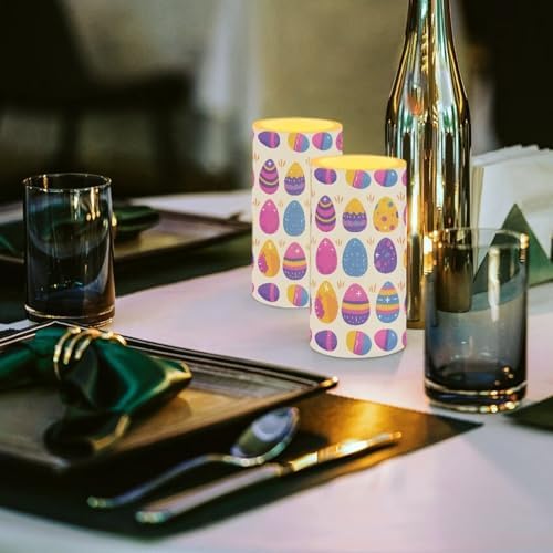 Set of 2 Flameless Candles with Remote Battery Operated Candles with Timer, Multicolor Easter Eggs Print, Flickering LED Pillar Lights for Easter Day Party Home Decor - Image 4