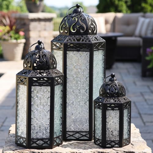 VELA LANTERNS Set of 3 Clear Glass & Black Metal Moroccan Candle Lantern Holders (XL, Large, Small) - Decorative Indoor/Outdoor Decor for Patio, Floor, Weddings & Ramadan by VelaCandleLanterns