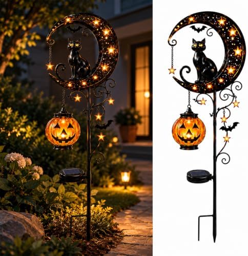 Solar Halloween Black Cat & Pumpkin Moon Garden Stake Light, with Hanging Pumpkin Lantern, Outdoor Halloween Decorations Yard Decor Lights for Garden, Patio, Lawn, Walkway, Porch(Style-B) by MUSICRAB