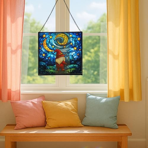 Starry Night Gnome Stained Glass Suncatcher – Square Hanging Window Panel for Home or Greenhouse – Whimsical Glass Art Gift for Garden Lovers, Christmas, Halloween, Father Days a2v77s - Image 5
