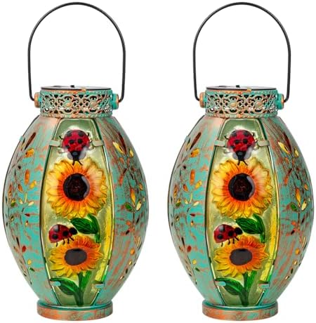 2 Pack Sunflower Solar Lantern,Retro Solar Lanterns Outdoor Waterproof,Stained Glass & Metal Hanging Solar Lantern,LED Tabletop Lamp Solar Lights,Sunflower Outdoor Solar Lanterns for Pathway by VEWOSTAR