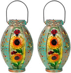 2 Pack Sunflower Solar Lantern,Retro Solar Lanterns Outdoor Waterproof,Stained Glass & Metal Hanging Solar Lantern,LED Tabletop Lamp Solar Lights,Sunflower Outdoor Solar Lanterns for Pathway by VEWOSTAR