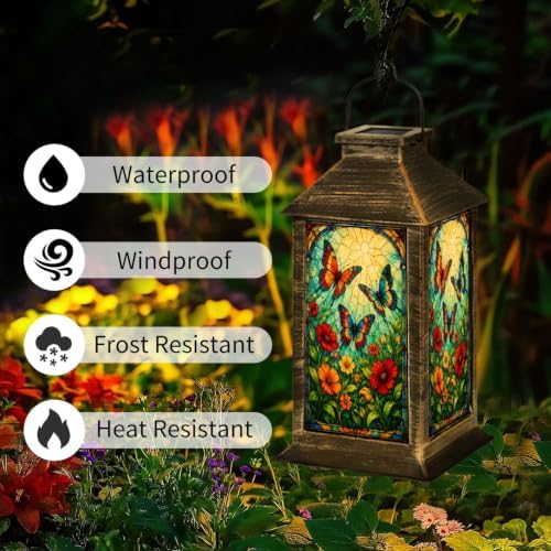 Solar Lantern Stained Glass Art Vibrant Outdoor Waterproof Garden Hanging Lantern Solar Powered Lighting Outside Solar Light for Patio Yard Camping, Gifts for Women Mom - Image 3