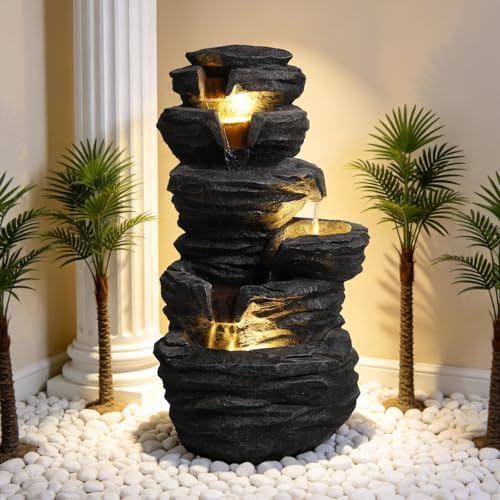 25.6''H Outdoor 6-Tiered Water Fountain with LED Lights, Outdoor Rock Design Cascading Fountains, Landscaping Fountain for Garden, Patio, Deck, Lawn, Balcony, Backyard and Home Decor, Black - Image 7