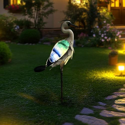 HONGLAND Solar Metal Crane Statue Garden Heron Sculpture, Glass Outdoor Heron Yard Art Coastal Ocean Bird Decor Lawn Ornament for Backyard Porch Patio Decor（24 Inch） - Image 5