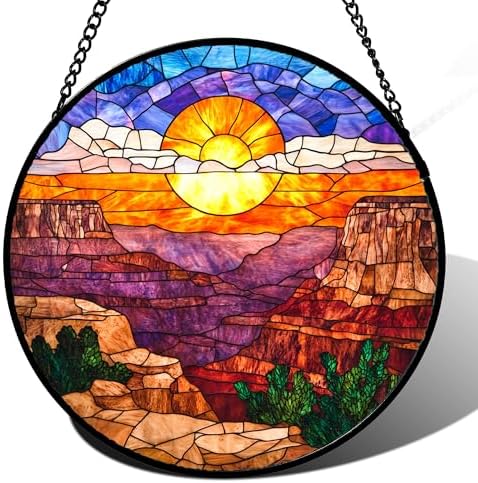 CHATYOUNG Stained Glass Window Hanging Canyon Orange-Red Sunrise Landscape 9.8" - Suncatcher Door Garden Home Decor Birthday Christmas for Men Woman Mom Grandma Dad Friend by CHATYOUNG