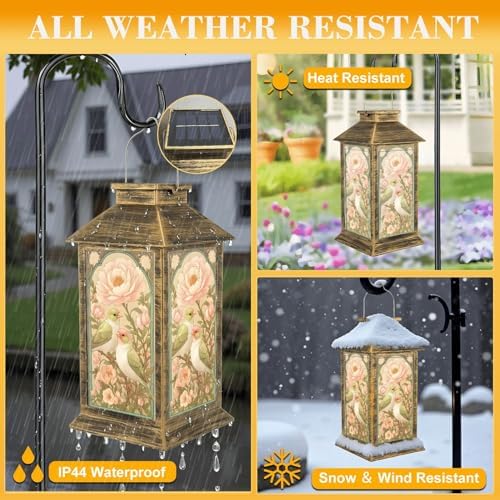 Solar Lantern Outdoor Garden Hanging Lantern Pastel Lovebirds Perched Spring Pink Peonies Elegant Botanical Waterproof Solar Powered Lighting Outside Table Lamp for Patio Deck Yard Camping - Image 3