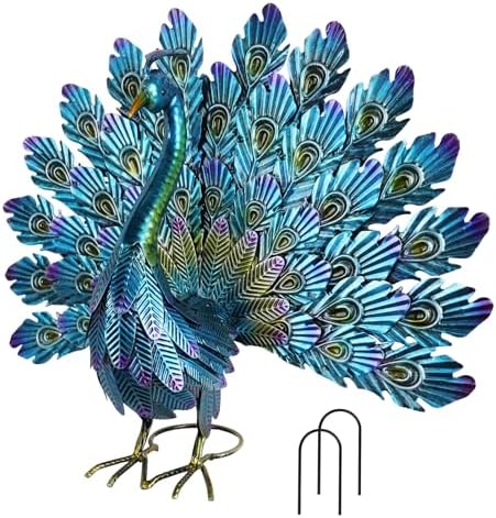 YEAHOME Garden Decor Outdoor Statues, 22.4" Large Metal Peacock Standing Yard Art, Blue Green Bird Lawn Sculptures Garden Decor for Outside Patio Porch Backyard by YEAHOME