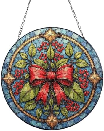 Red Bow with Holly and Stars Stained Glass Suncatcher 9.8 Inch by Unknown