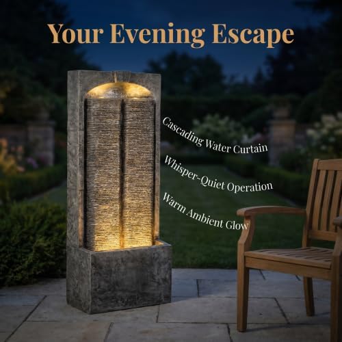 39 Inch Slate Textured Wall Water Fountain with LED Lights, Weatherproof Resin Fiberglass Freestanding Cascading Water Feature Out Patio for Backyard Indoor Entryway Decor - Image 4