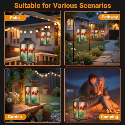 Solar Lantern Outdoor Waterproof Nature Inspired Vibrant Aesthetics Floral Red Flowers Yellow Green Garden Decor LED Solar Lights Hanging/Tabletop Lamp Gifts for Women Mom for Outside Yard Patio - Image 6