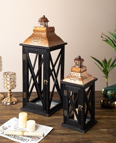 Large Farmhouse Wooden Lanterns with Metal Top, Decorative Floor Lanterns Set of 2, Black Frame with Rustic Gold Accents, Indoor/Outdoor Hurricane Lanterns for Home Decor (No Glass) - Image 2
