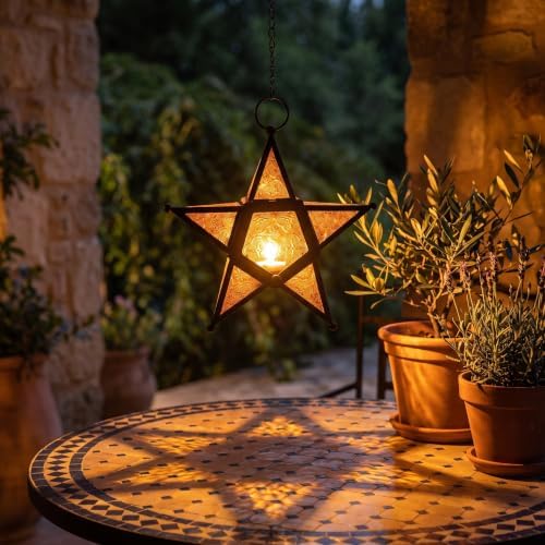 VELA LANTERNS Set of 2 Decorative Hanging Star Candle Lanterns – Moroccan Style Amber Glass & Metal Tealight Holders for Indoor, Outdoor, Patio, and Home Decor - Image 6