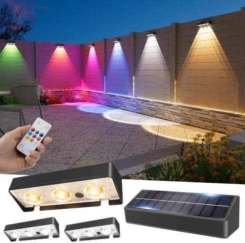 JOFIOS Solar Fence Lights Outdoor with Remote, 4 Pack, 9 Fixed Colors ＆ Color Changing Fence Lights Solar Powered Waterproof IP65 Dusk-to-Dawn LED Deck Lighting for Patio, Railing, Pool by JOFIOS
