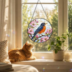 Robin and Cherry Blossom Stained Glass Window Hanging with Metal Chain - Image 4