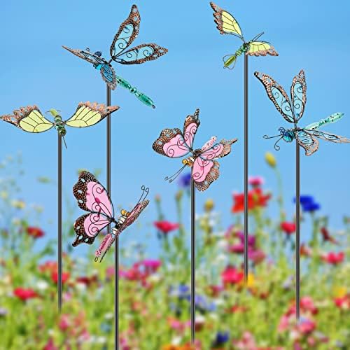 6 Pcs Metal Butterfly Garden Stakes Decor 34 Inch Dragonfly Hummingbird Butterfly Stakes Dragonfly Garden Decor Glow in The Dark Decorative for Indoor Outdoor Yard Lawn Pathway Patio by Lounsweer