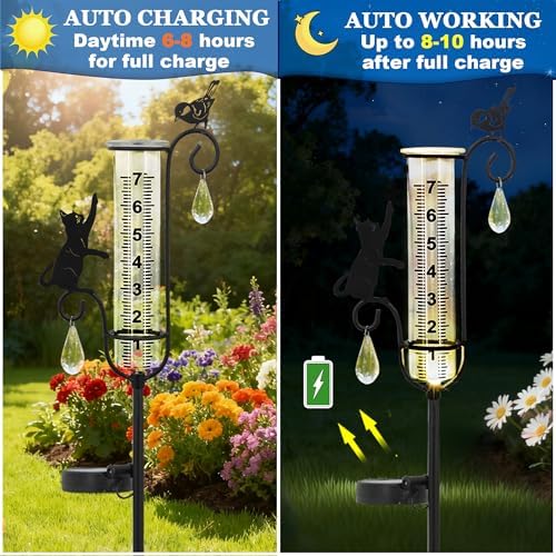 33in Solar Cat Bird Rain Gauge Metal Garden Stake Black Sculpture Decor - Image 4