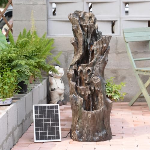 Solar Powered Tree Stump Water Fountain with LED Lights Waterfall Feature by KAISOKUFOUNTAIN