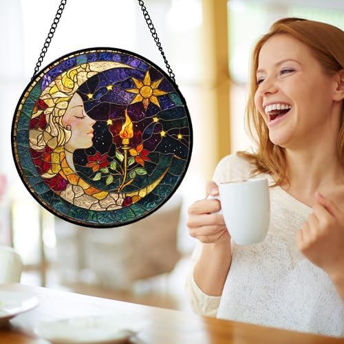 Moon Goddess and Rose Stained Glass Window Hanging Suncatcher Gifts 15" - Image 4