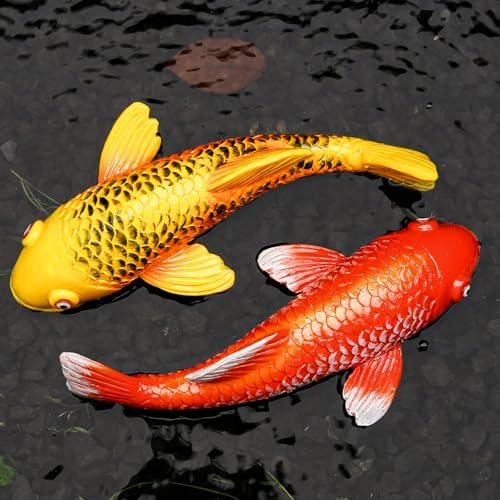 Set of 2 Koi Fish Garden Stakes, Red & Gold Resin Sculptures, Weatherproof Outdoor Patio Pond Decor, Feng Shui Yard Art, Easy Setup Gift(B&Y) by GardenArt