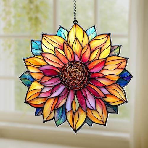 Colorful Sunflower Acrylic Suncatcher 10 Inches, Halloween Decoration Indoor Outdoor, Bedroom Porch Decor, Stained Glass Effect Window Hanging, Garden Flower Ornament, Gift for Mom Grandma Women by GIKZO