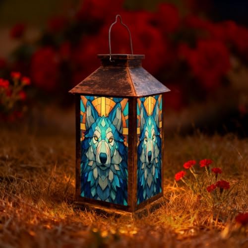 Solar Lantern Geometric Wolf Head Stained Outdoor Waterproof Garden Hanging Lantern Solar Powered Lighting Outside Solar Light for Patio Yard Camping, Gifts for Women Mom by Unknown