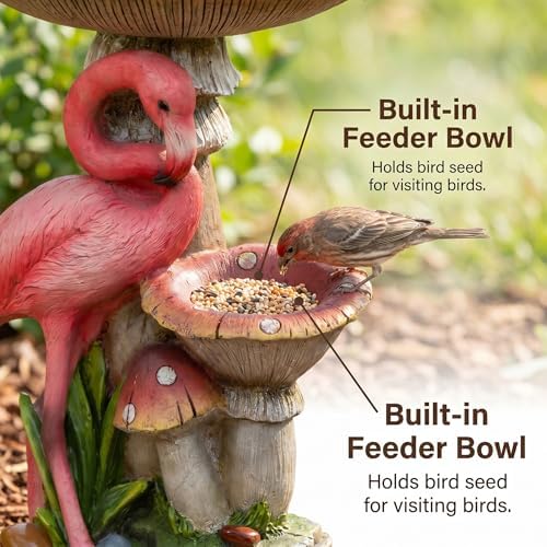 2-in-1 Solar Bird Bath and Wild Bird Feeder, Freestanding Flamingo Garden Statues Outdoor Decor, Solar Water Fountain with Shallow Basin for Small Birds Backyard Patio Ornament, 22.2" H - Image 4
