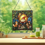 Forest Reading Gnome Stained Glass Suncatcher – Square Hanging Window Panel for Home or Greenhouse – Whimsical Glass Art Gift for Garden Lovers, Christmas, Halloween, Father Days EHxYe2 - Image 2