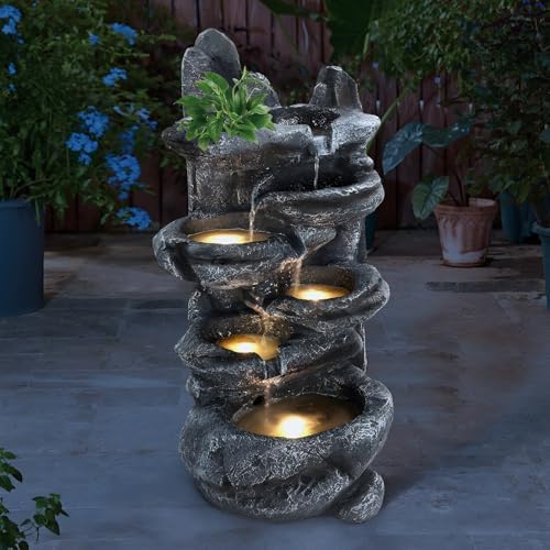 5-Tier Cascading Rock Outdoor Waterfall Fountain, Garden Fountains with LED Lights, Weather-Resistant Resin, Soothing Water Flow, Waterfall Fountain for Patio, Backyard, Indoor/Outdoor Decor Black2 - Image 6