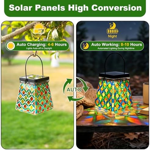 VOREEN Mosaic Solar Lantern, Colorful Mosaic Glass Decorative Lantern for Outdoor Garden & Patio, Tabletop or Hanging Solar Powered Light, Multicolor Geometric Lattice Design - Image 3