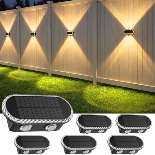 Solar Fence Lights Outdoor: 6 Pack IP65 Waterproof Wall Light Dual Up Down by Hiromeco