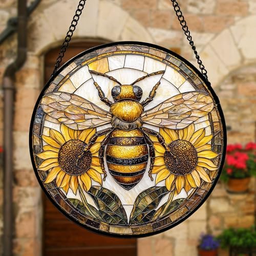 Bee and Sunflower Stained Glass Window Hanging Suncatcher Gifts Decor 12" - Image 2