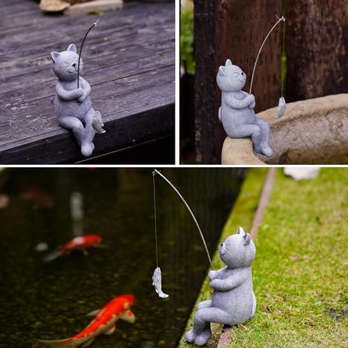 Goodeco Fishing Cat Garden Statue – 10" Poolside Statue with Glow Pebbles - Image 5