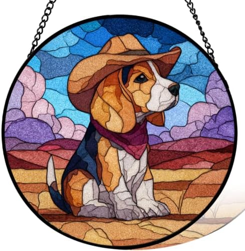 Stained Glass Window Hanging， Beagle Dog in Cowboy Hat Sun 11.8in Catchers Indoor Window， Core Decor Inside and Outside The Cottage，Gifts for Women by Unknown