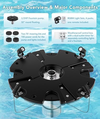 FS02 110V, 1/2 HP, Large Pond Floating Fountain with LED RGB Lights, Oil Free Pump 9000 GPH with 100’ Cord, Two Spray Patterns Included - Image 3