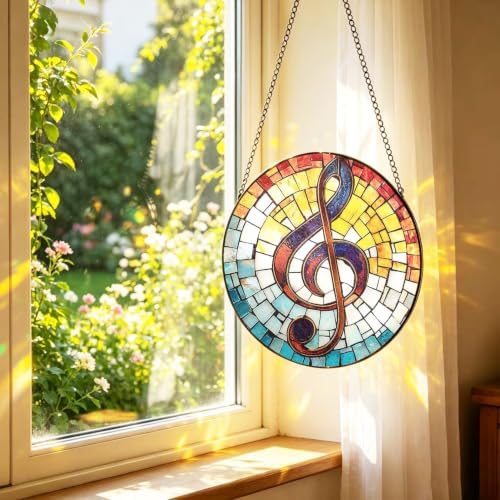 Musical Note Suncatcher, Music Decor Stained Glass Window Hanging, 8 Inch Sun Catchers Indoor Window Decorations, Handmade Suncatchers for Windows Hanging, Gift for Musicians Teacher Choir Members - Image 3