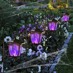 Dynaming 4 Pack Solar Halloween Flame Hanging Lights Outdoor, Flickering Flame LED Garden Lanterns with 4x38 Inch Shepherd Hooks, Landscape Lighting Waterproof for Lawn Yard Pathway Driveway, Purple - Image 6